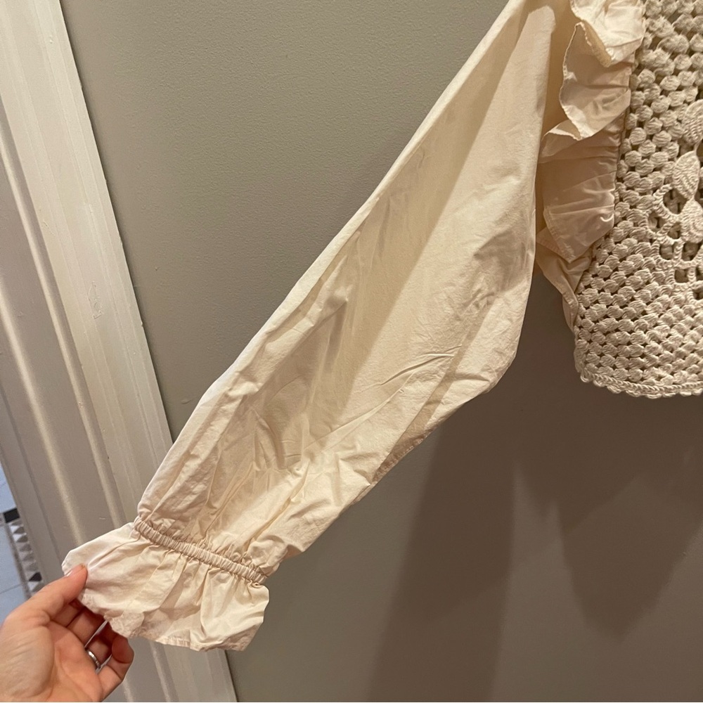 Zara Cream Crochet Front Ruffle Sleeve Blouse - Picture 4 of 9